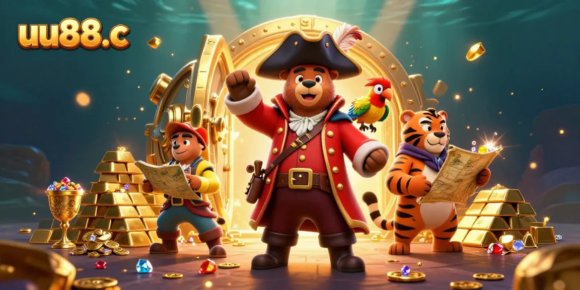 Experience thrilling games at uu88.c with a vibrant 3D illustration of cartoon pirate characters surrounded by treasures.