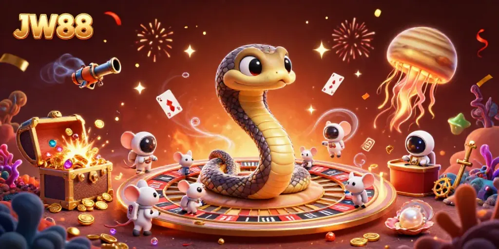 Engaging JW88 casino illustration showcasing a Saturn ring snake as a roulette wheel with astronaut mice betting.