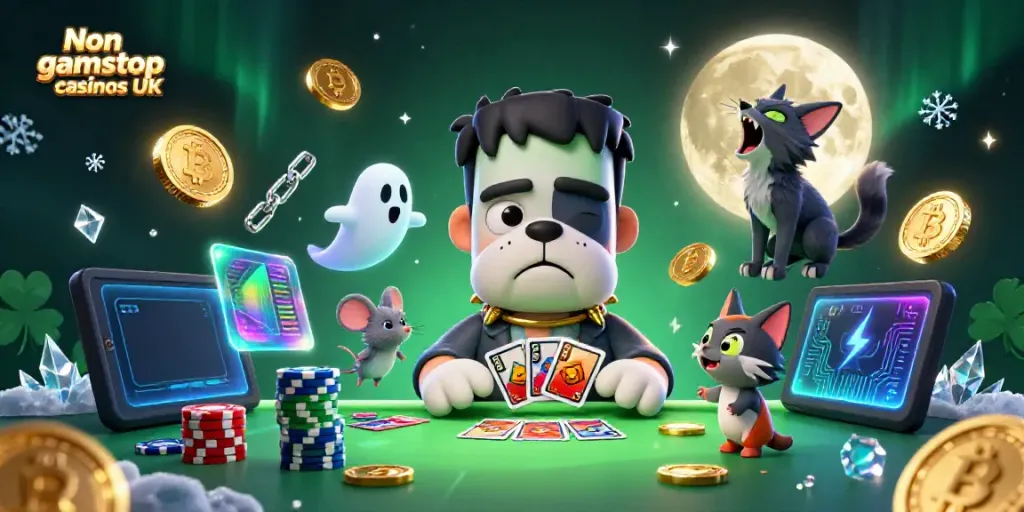 Engaging scene showcasing Non gamstop casinos UK with a Frankenstein bulldog dealing cards, rich gambling atmosphere.