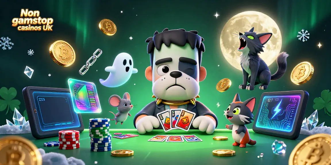 Engaging scene showcasing Non gamstop casinos UK with a Frankenstein bulldog dealing cards, rich gambling atmosphere.
