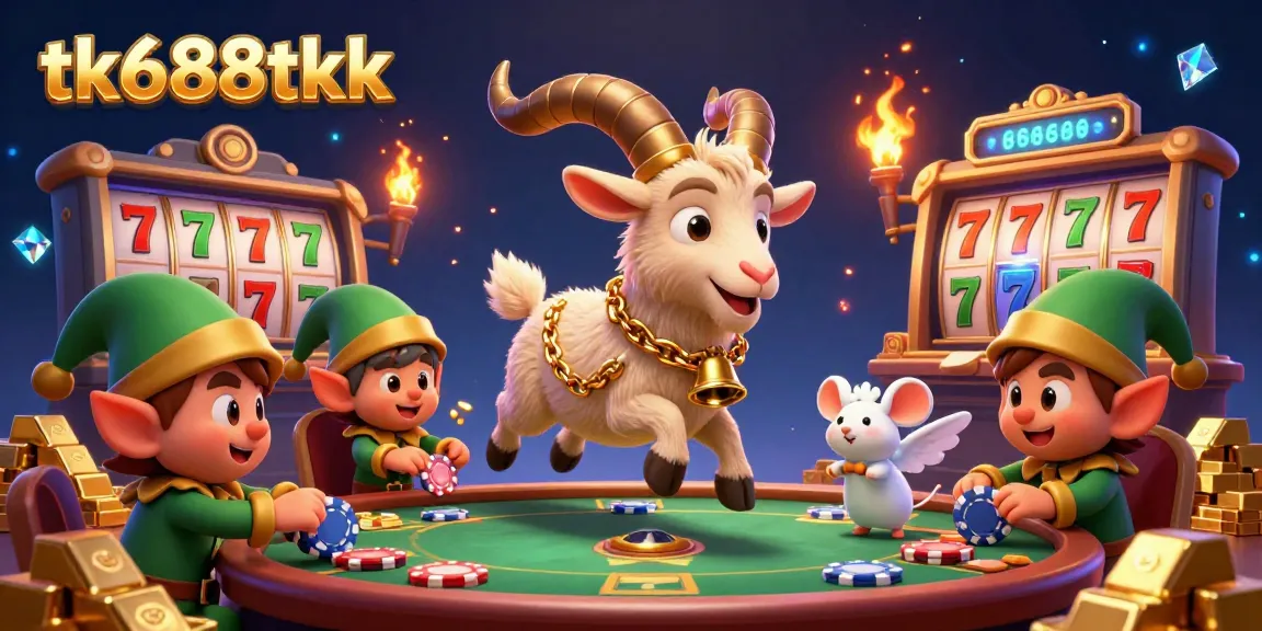 Engage with tk688tkk's vibrant 3D casino environment featuring characters stealing poker chips and vibrant games.