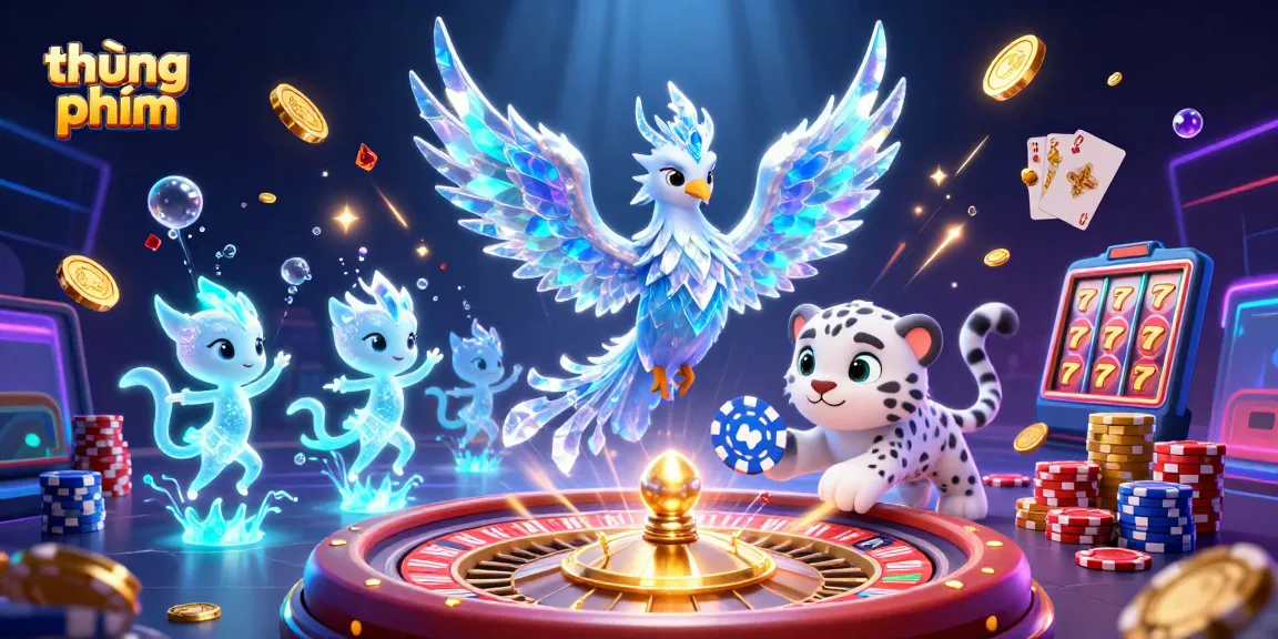 Engage with thúng phim through vibrant 3D casino art featuring an ice phoenix and poker elements.