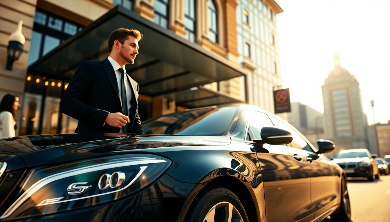 Chauffeur Nottingham welcoming clients with luxury car service outside an elegant hotel.