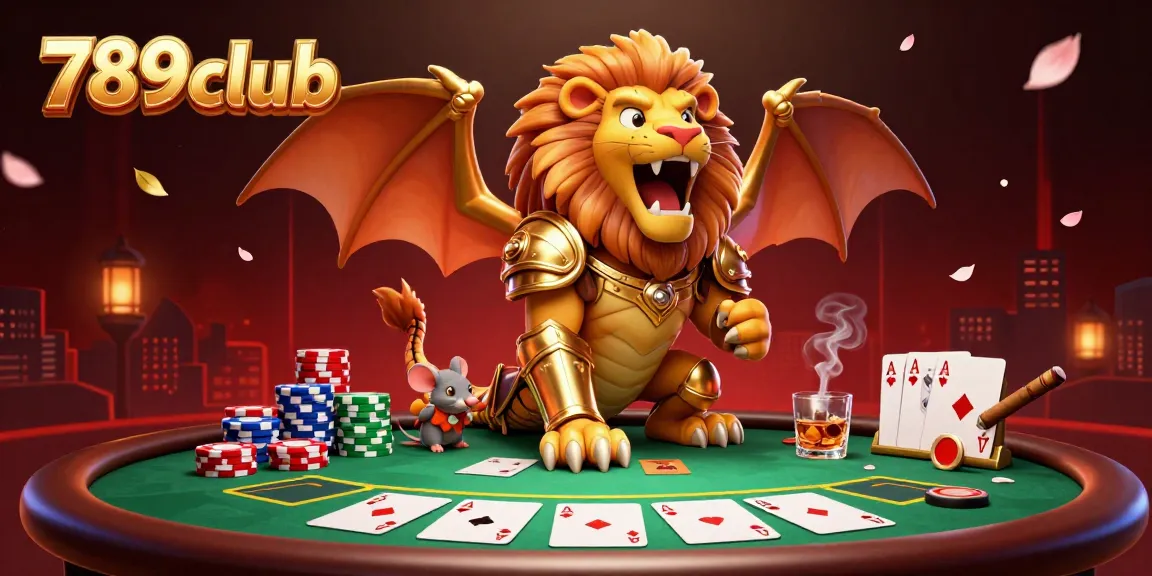 Experience thrilling gameplay at 789club with a golden chimera creature and poker elements in stunning detail.