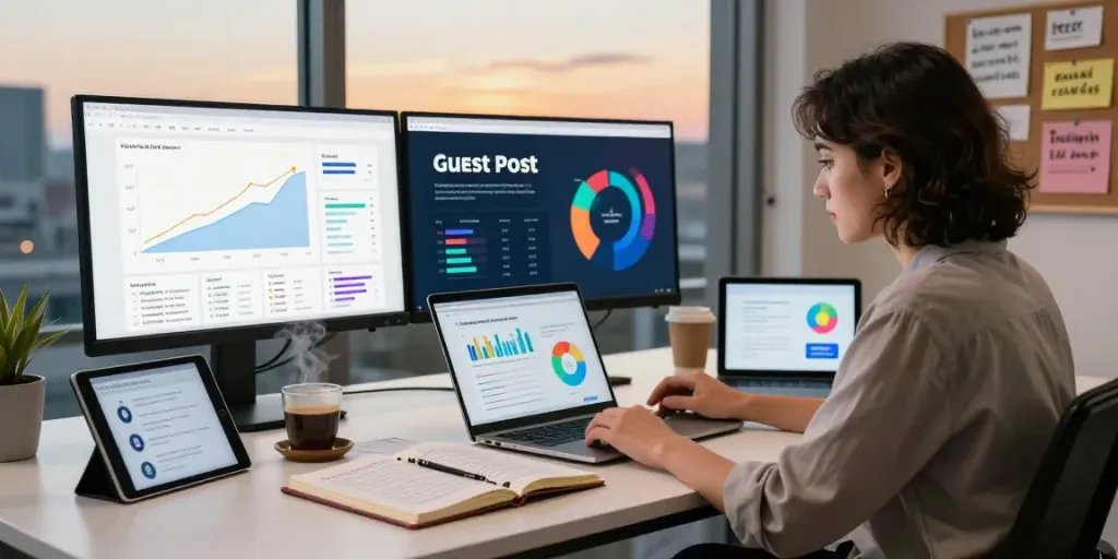 Guest post strategy session in a professional digital marketing workspace with analytics and productivity tools.