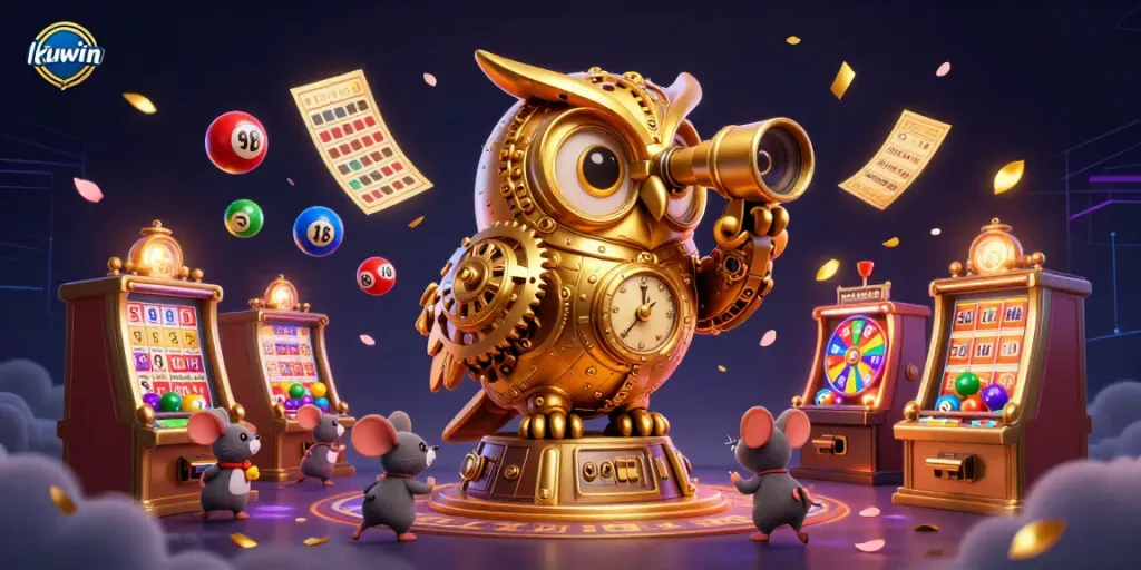 Experience an exhilarating kuwin casino scene featuring a golden owl, lively characters, and vibrant game elements.