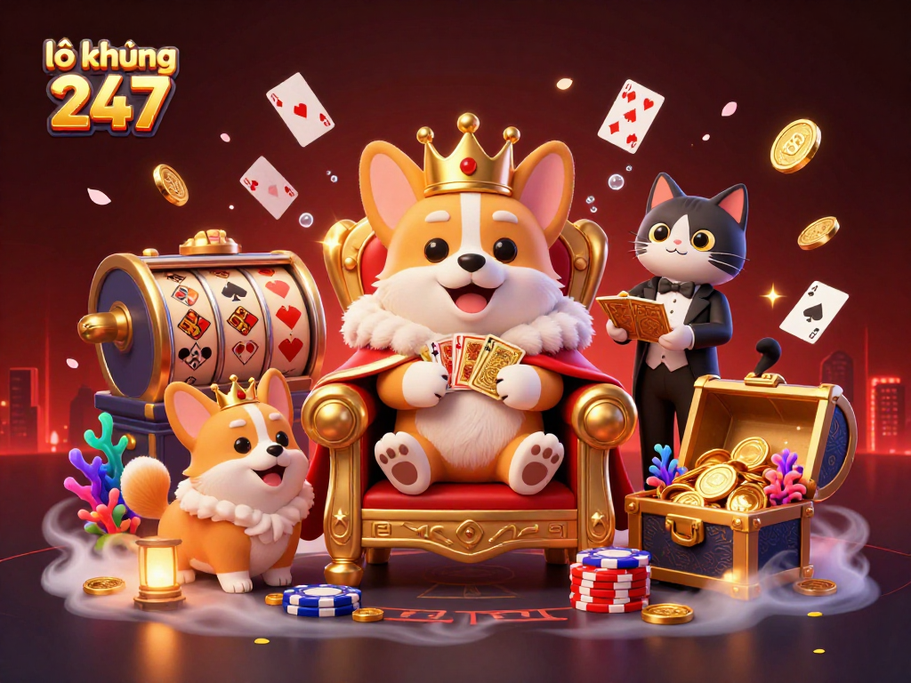 Engage with lô khung 247 through a vibrant casino scene featuring royal corgis, golden treasures, and dynamic gaming elements.