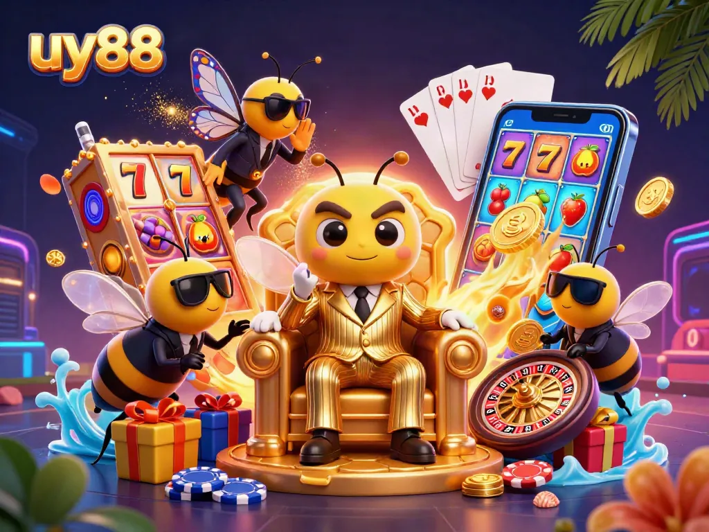 Experience excitement with uy88's vibrant casino scene featuring animated slot elements and a cartoon mob boss.