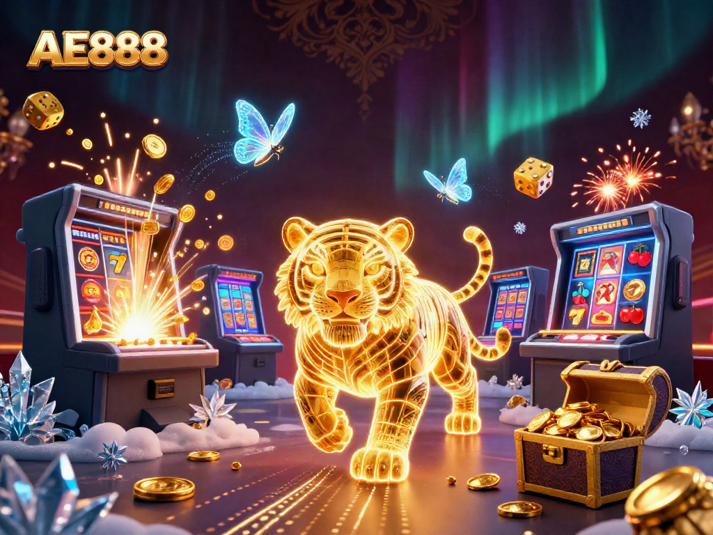 Experience AE888 with a vibrant tiger and casino games in a stunning digital landscape.