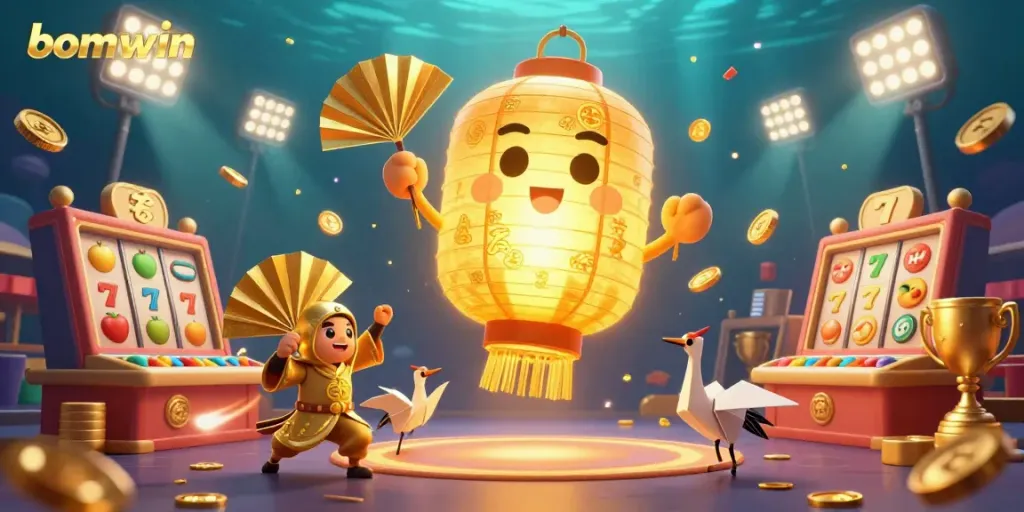 Engage in exciting gameplay with Bomwin's golden lantern spirit surrounded by jackpot symbols and vibrant casino elements.