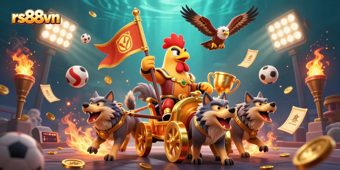 Bet on thrilling moments with rs88vn's dynamic illustration of a rooster warlord and fierce wolves.