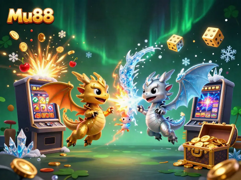 Mu88 embodies excitement with cartoon dragons and a dynamic casino scene filled with gaming elements.