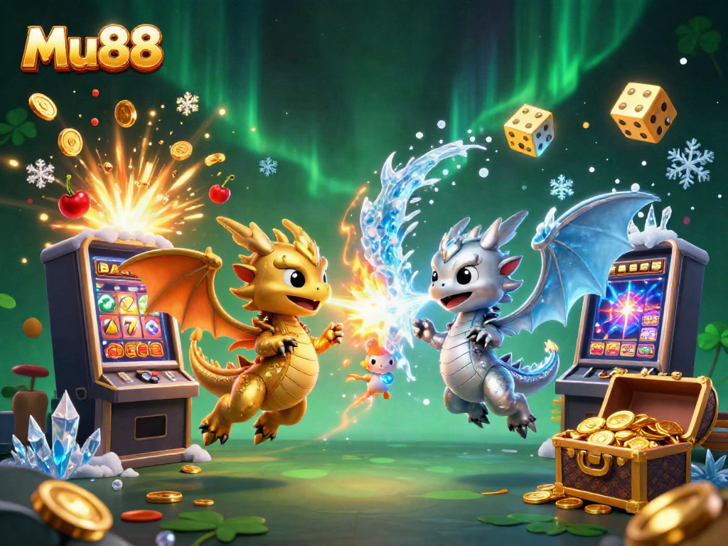 Mu88 embodies excitement with cartoon dragons and a dynamic casino scene filled with gaming elements.