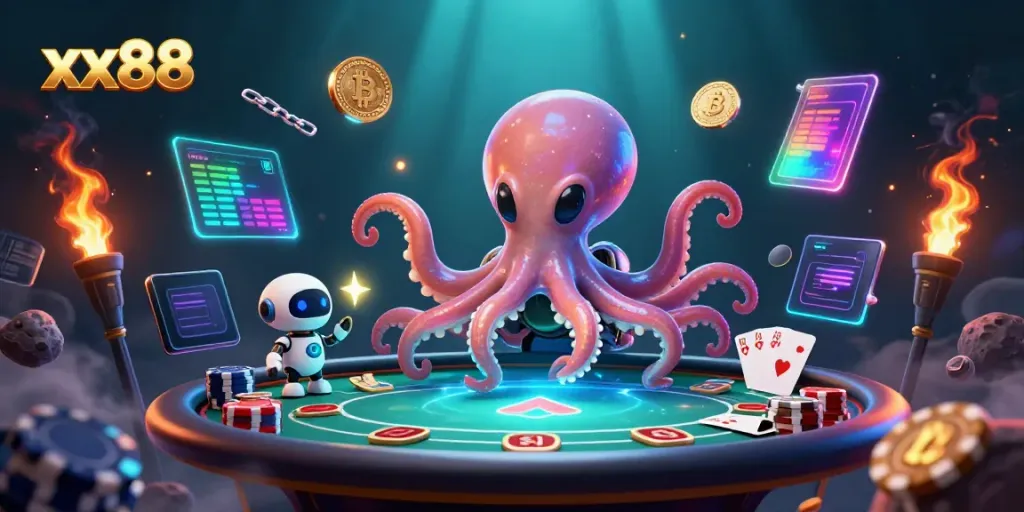Engage in exciting poker action with xx88 featuring an alien octopus and holographic elements