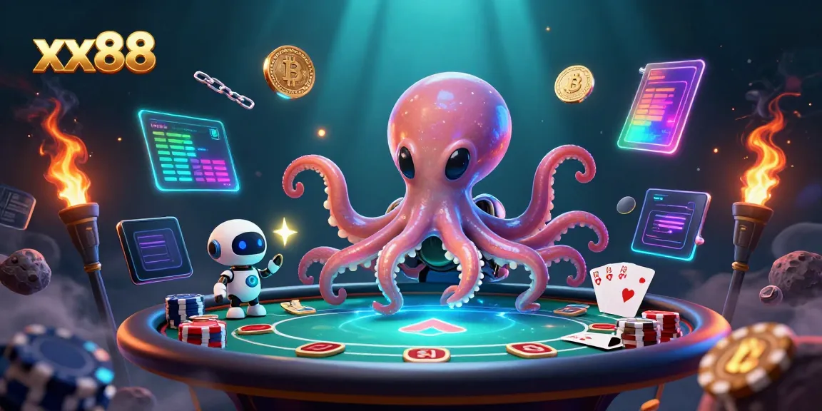 Engage in exciting poker action with xx88 featuring an alien octopus and holographic elements