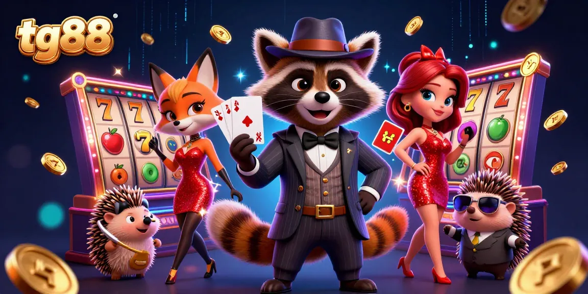 Spin jackpots with tg88's dynamic slot games featuring a suave raccoon and charming companions amidst sparkling coins.