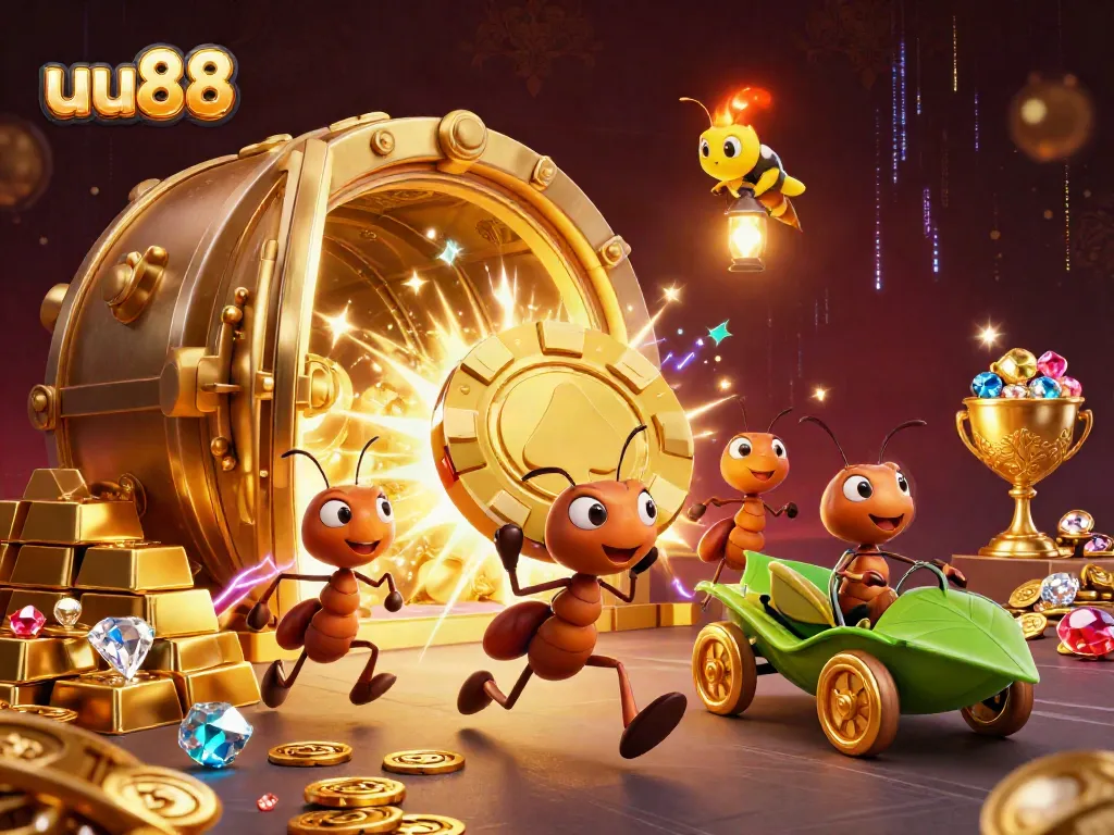 uu88 team of ants celebrates winning at a casino heist with golden poker chips and treasure.