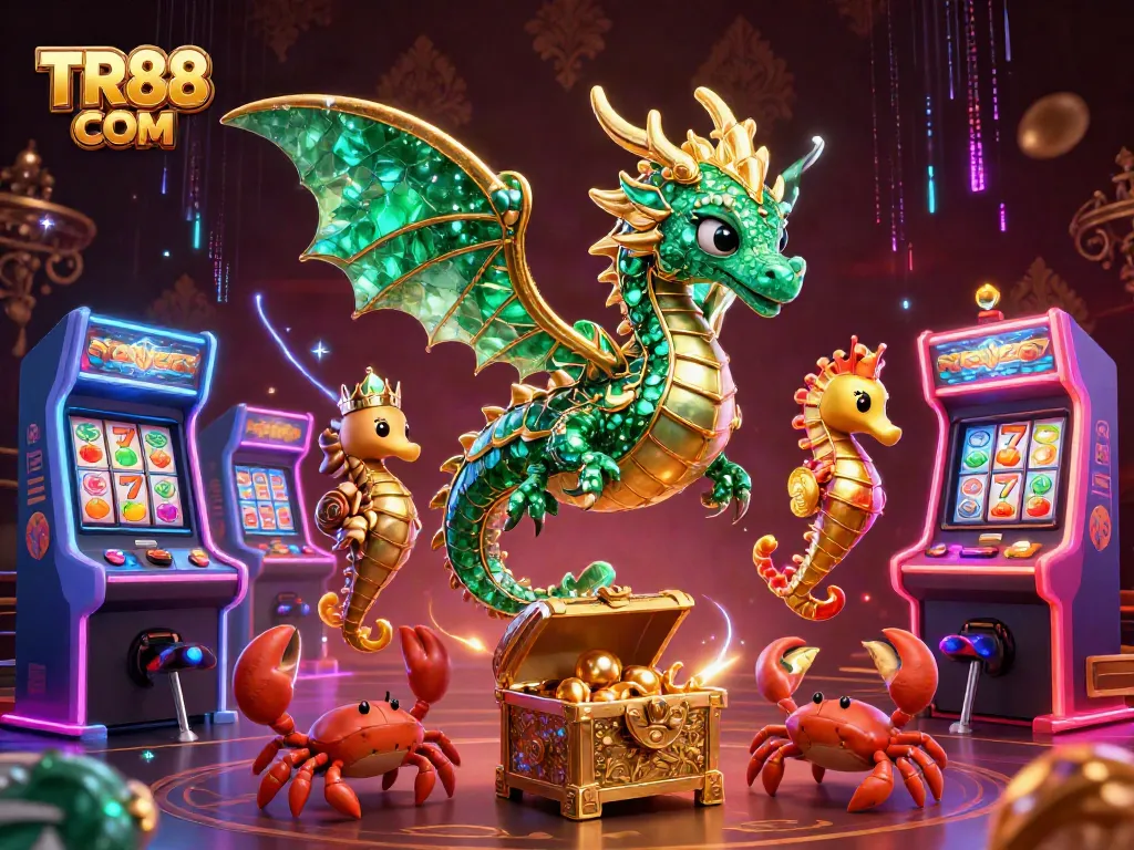 Engage with TR88 COM as a dynamic sea dragon glides past colorful slots, redefining gaming fun.