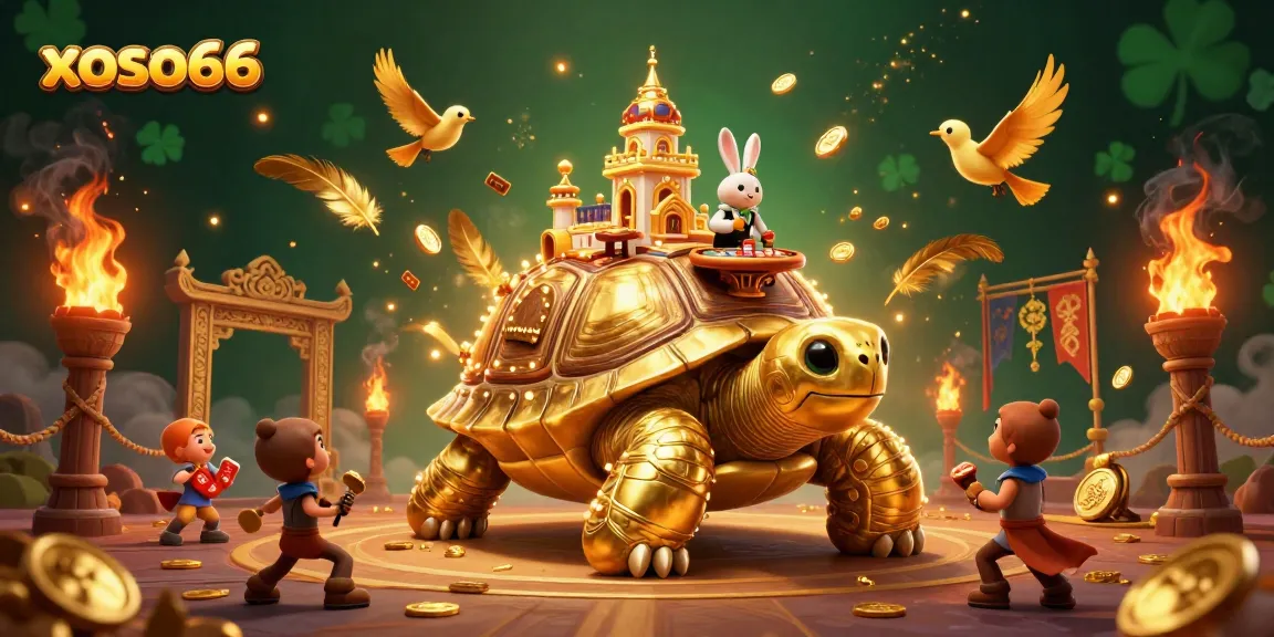 Experience thrilling gameplay at xoso66 with a scene illustrating a golden tortoise casino, vibrant elements, and exciting bird action.