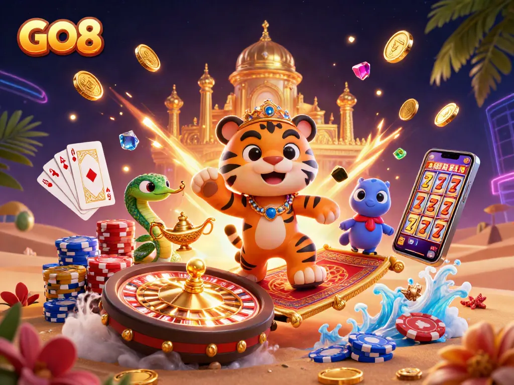 Experience GO8 casino thrills with vibrant 3D casino-themed characters, golden coins, and dynamic game elements.