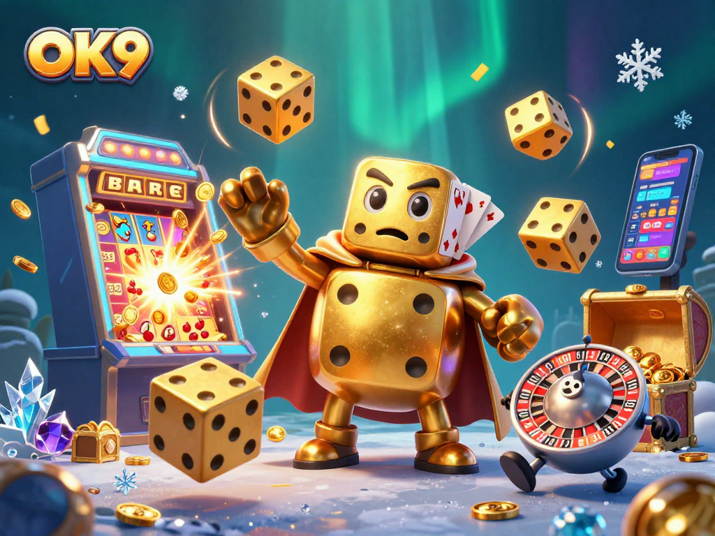 OK9 offers thrilling casino experiences with a golden dice golem juggling before a jackpot explosion.