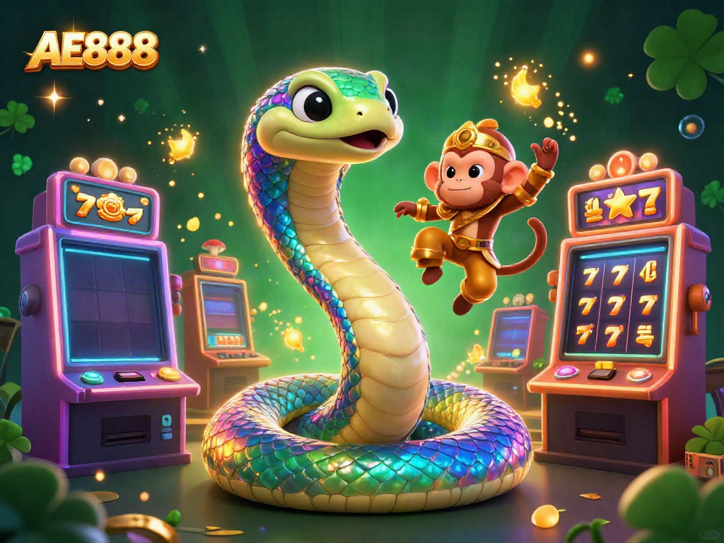 Engage in thrilling gaming with AE888 featuring a vibrant serpent, monkey king, and exciting slots.