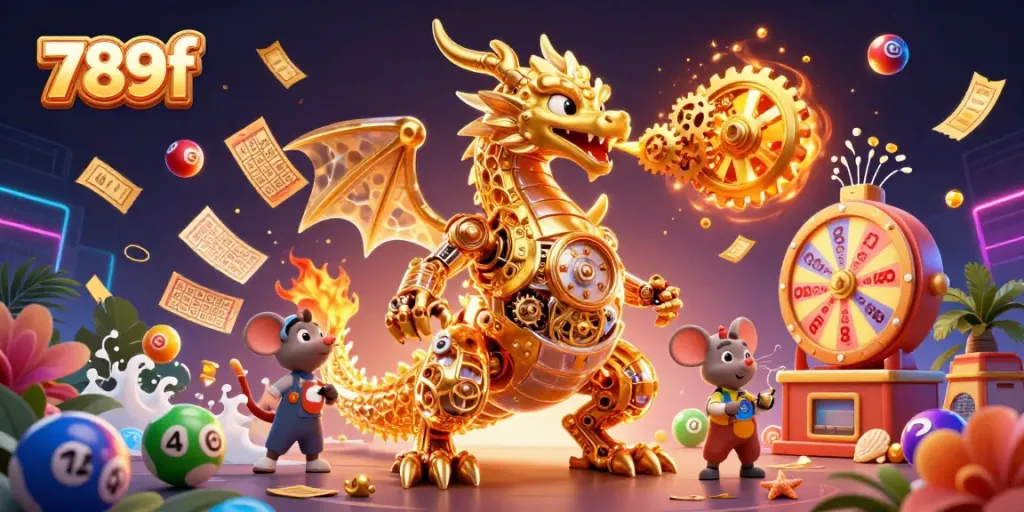 Experience thrilling moments at 789f with a golden dragon unleashing gears amidst vibrant lottery action.