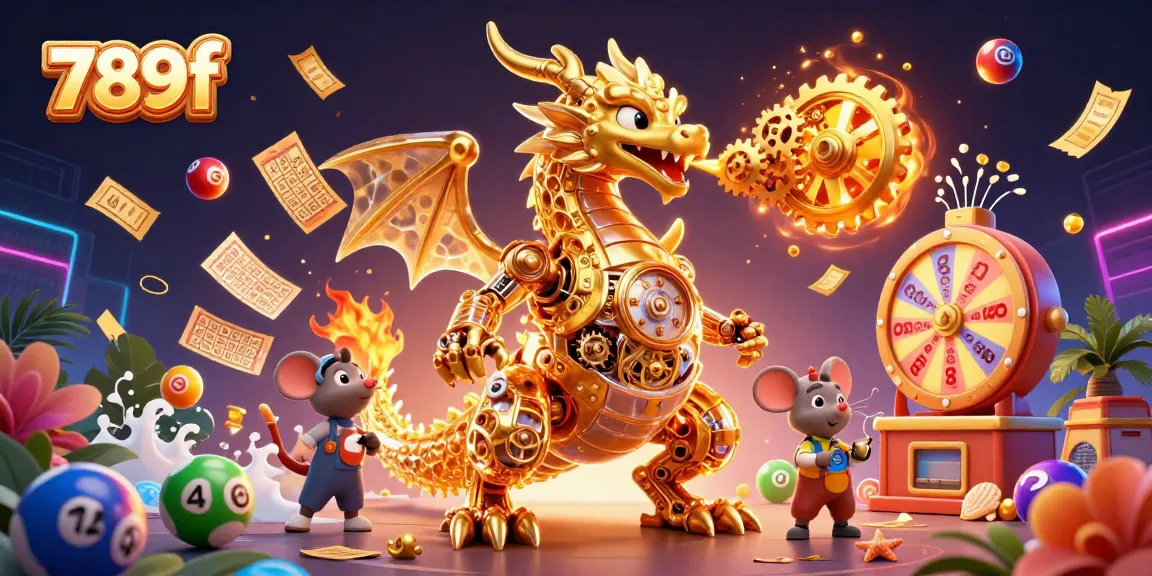 Experience thrilling moments at 789f with a golden dragon unleashing gears amidst vibrant lottery action.