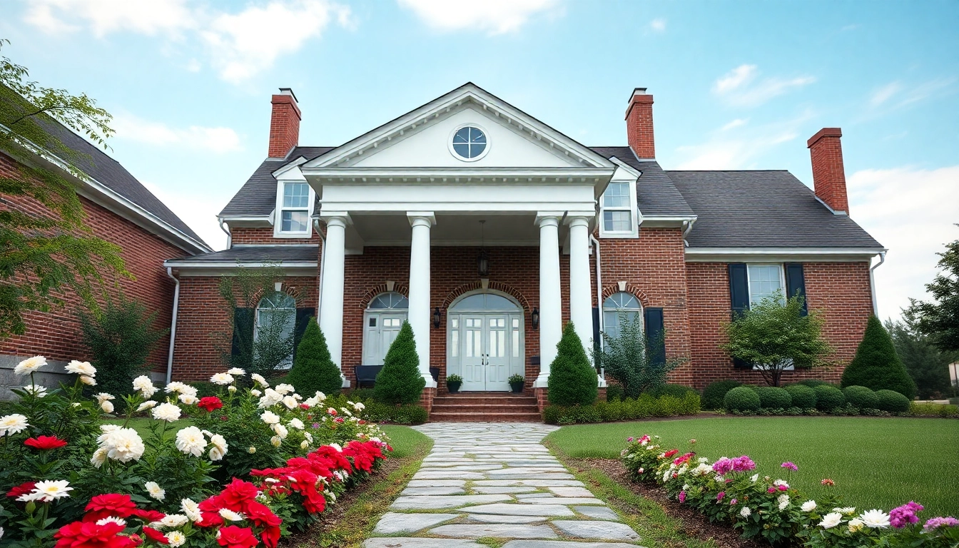Highlighting a colonial addition with elegant columns and lush garden, inviting atmosphere.