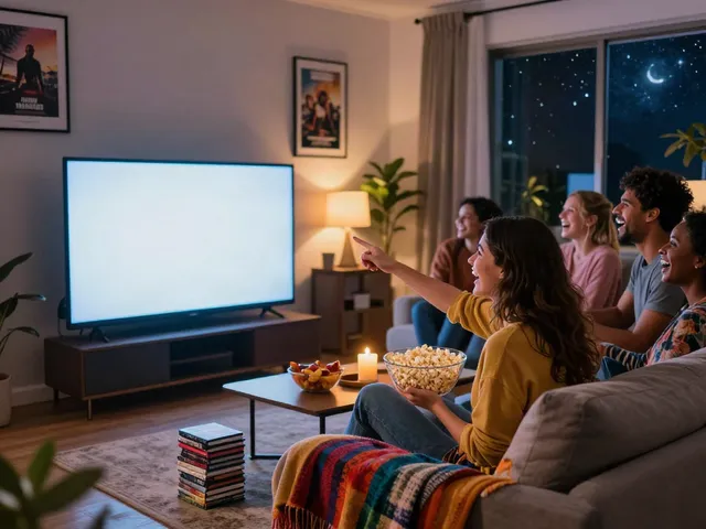 A vibrant movie night scene with friends enjoying idlix streaming on a large screen, cozy living room setting.