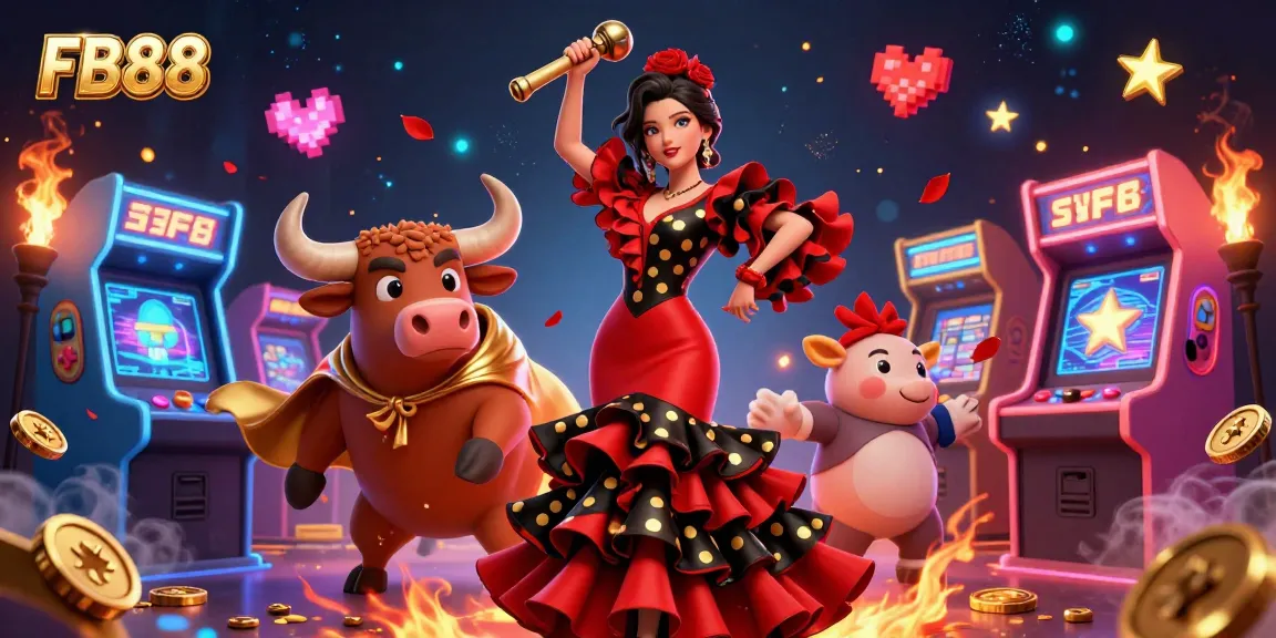 Engage in thrilling gaming at FB88 with a vibrant scene featuring lively characters and casino elements.