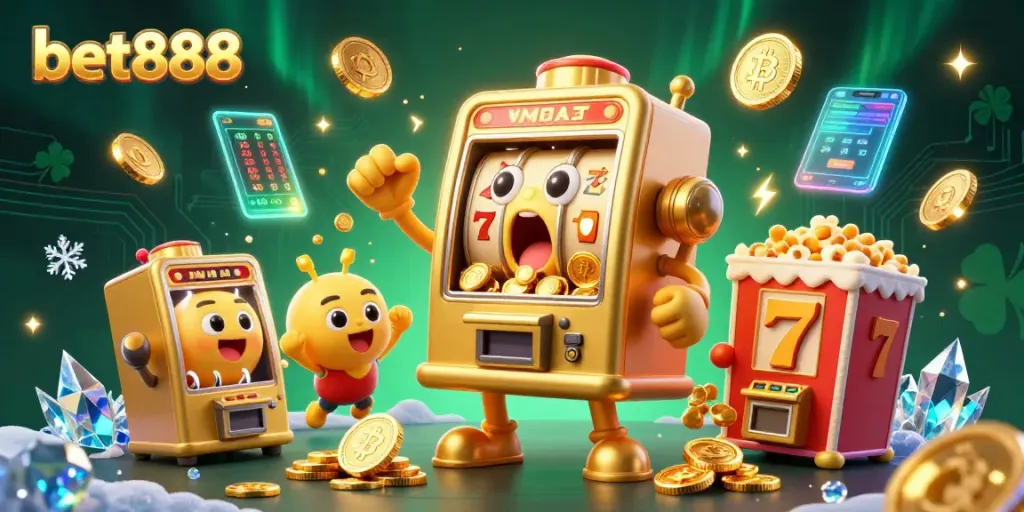 Play and win big at bet888 with dynamic, vibrant cartoon-style casino celebration scene