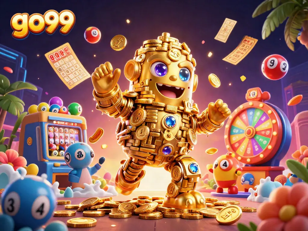 Engage with go99's vibrant gaming universe featuring a golden golem surrounded by colorful lottery elements.