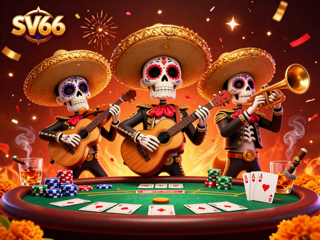 SV66 invites players to enjoy poker festivities with vibrant mariachi characters celebrating and gaming.