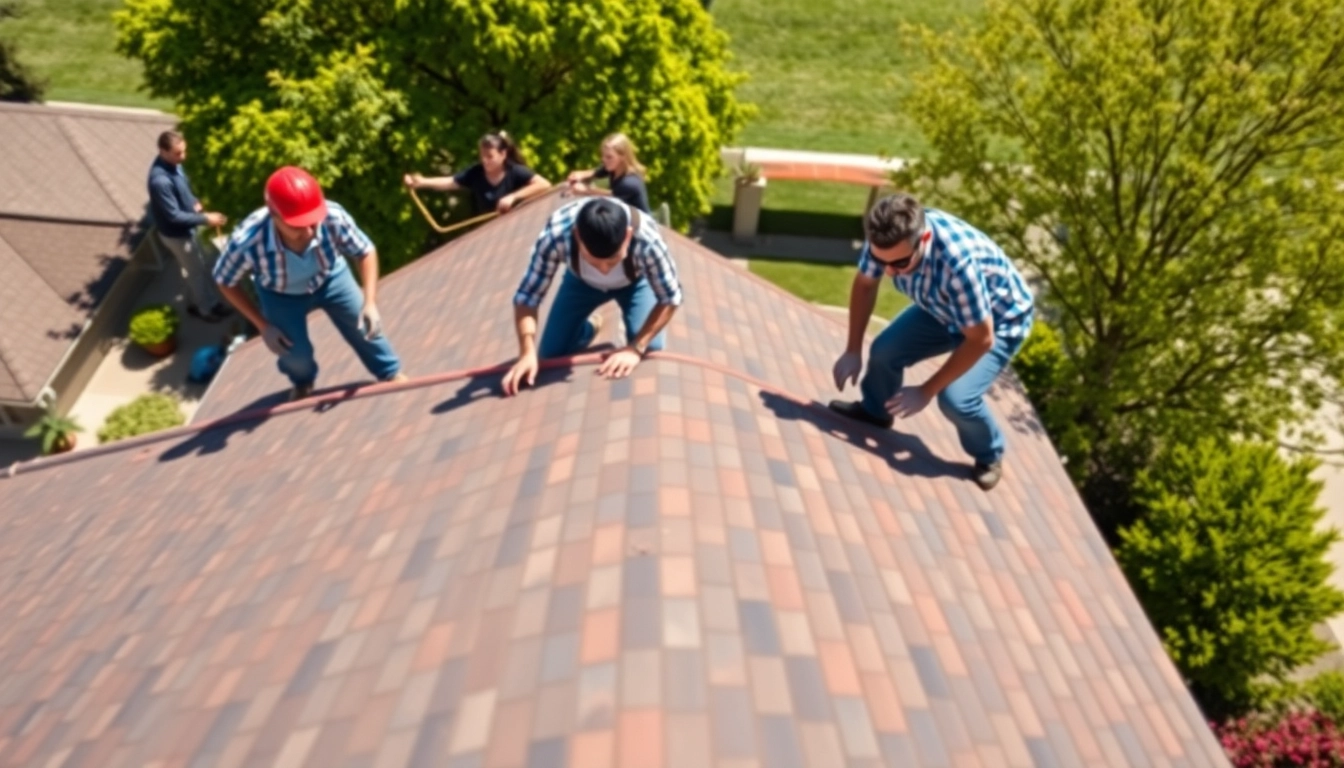 Roofing company team installing shingles on a residential home roof.