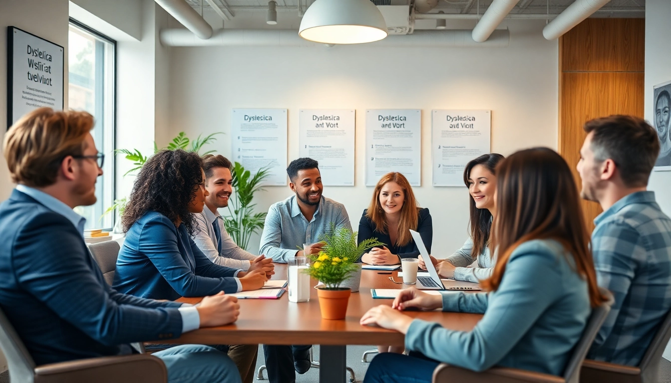 Dyslexia at work support in an inclusive workplace, showcasing diverse employees collaborating.