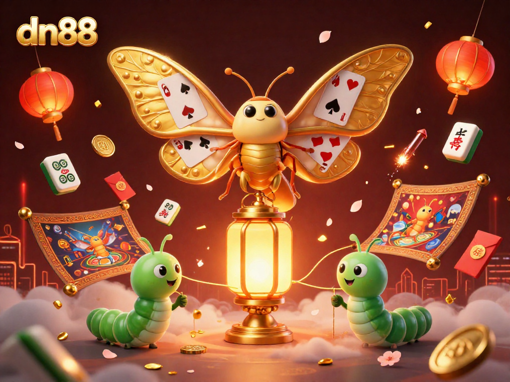 Experience the excitement of dn88 with golden moths and casino-themed elements amidst vibrant decorations