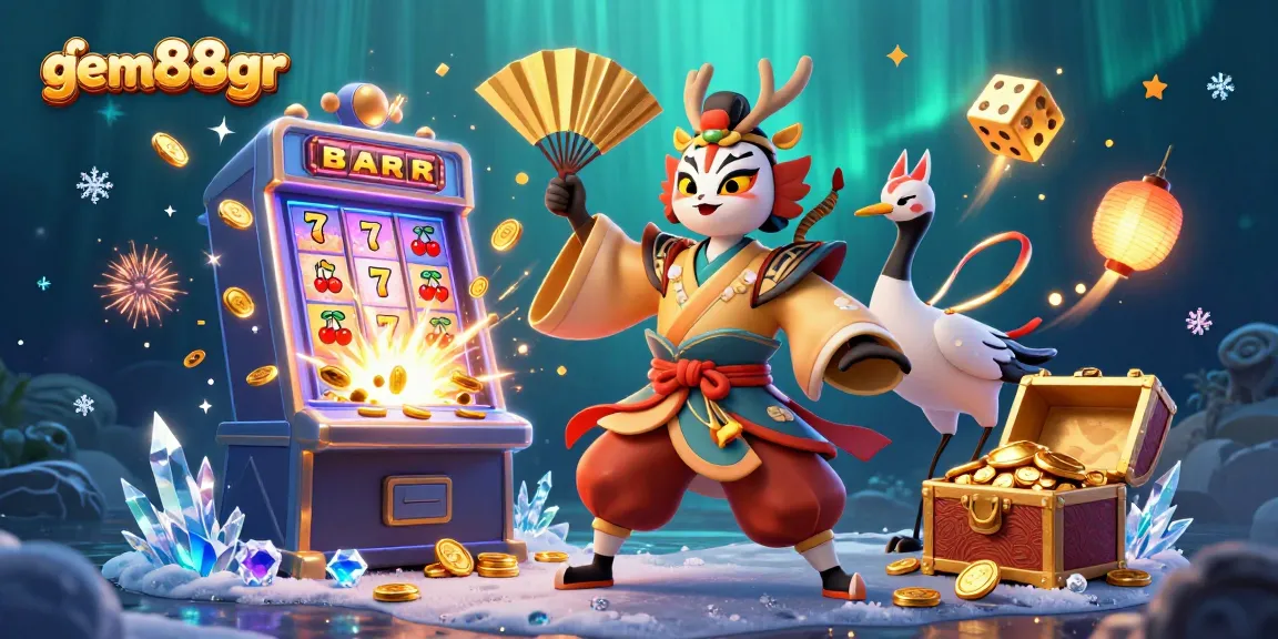 A dynamic casino scene featuring gem88gr with a kabuki warrior and a jackpot slot machine explosion.