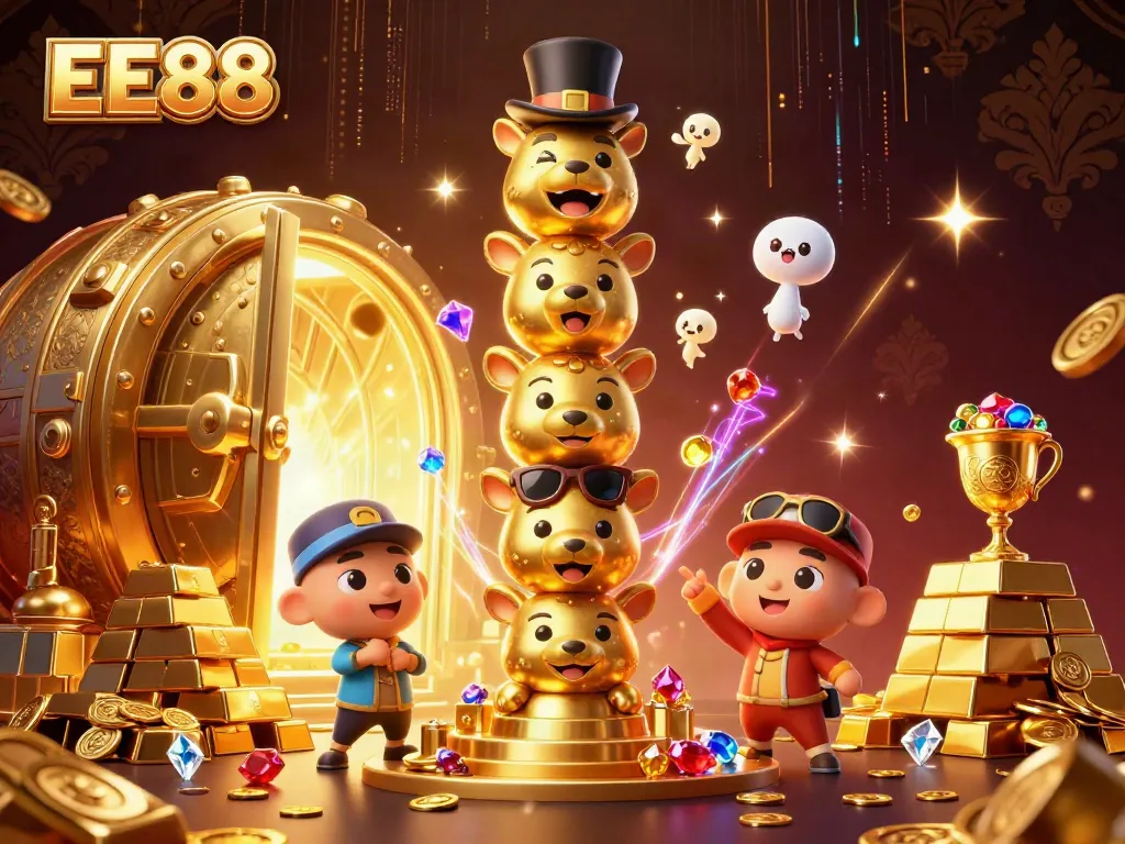 Spin the reels at EE88 and unlock treasures in a vibrant 3D casino illustration.