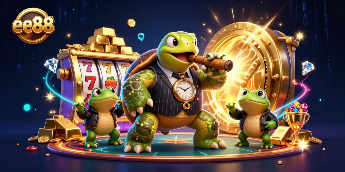 Engage with ee88's vibrant casino illustration featuring a lucky turtle and bullfrogs amidst gold treasures.