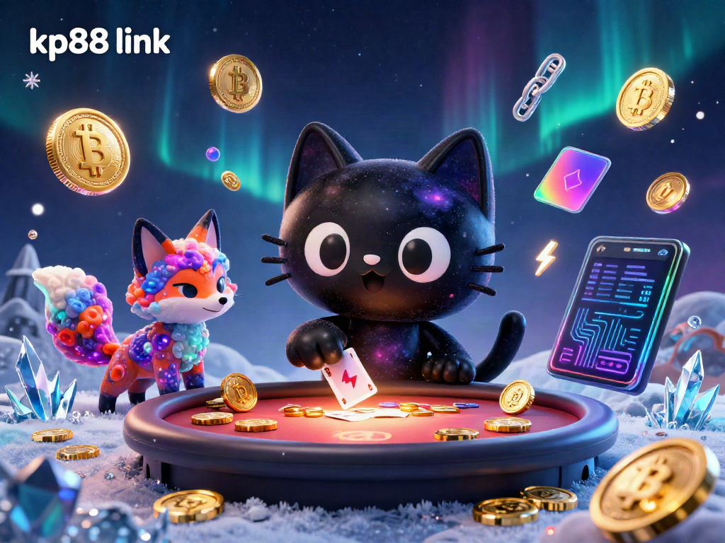 Engage with kp88 link in a vibrant cosmic casino showcasing a black hole cat and nebula fox amidst shimmering crypto elements.