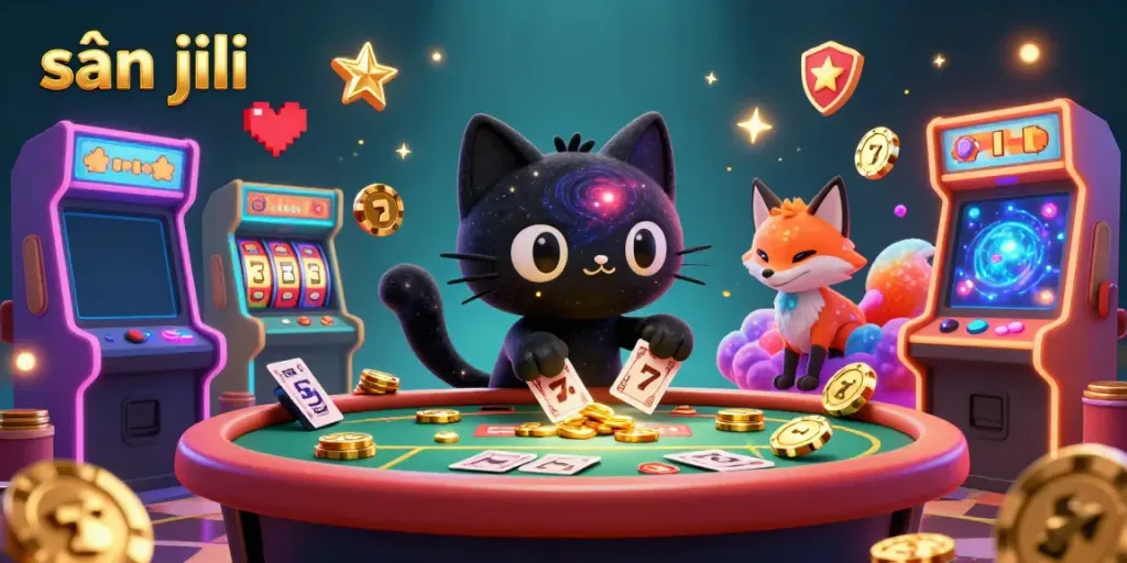 Experience the thrill of sảnh jili as the black hole cat pulls in gaming rewards at a cosmic casino table.
