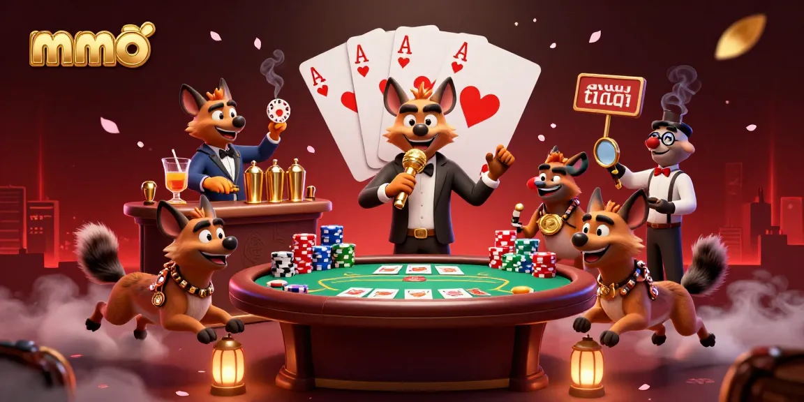 Hyenas entertain at the comedy casino club, showcasing mmoo branding with poker and vibrant gambling elements.