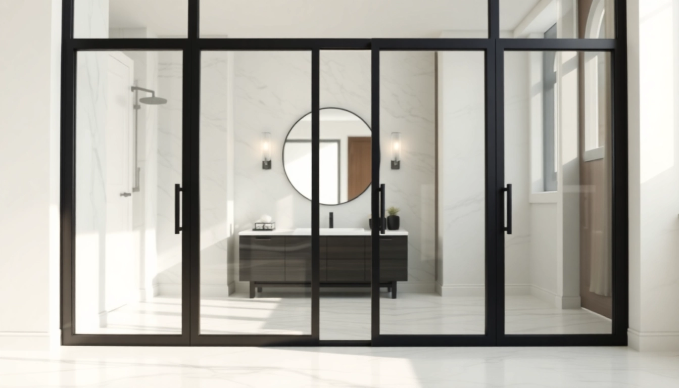 Stunning black frame shower doors featured in a modern bathroom setup, showcasing sleek design elements.