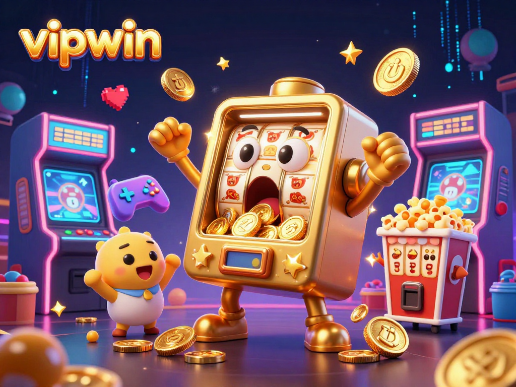 Experience thrilling wins at vipwin with a cartoon golden slot machine hitting the jackpot!