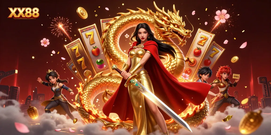 Win big at XX88 casino with a thrilling 3D digital illustration of a warrior queen and golden dragon.