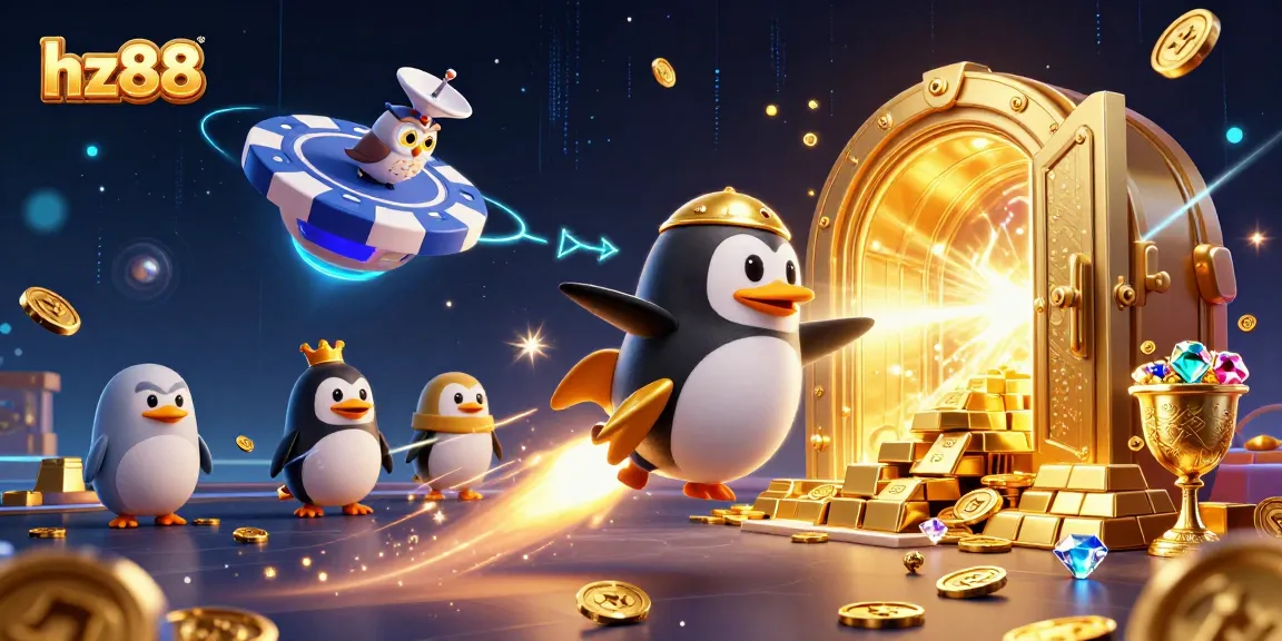 Experience thrilling gameplay with hz88 and a golden penguin amidst treasures and neon lights.