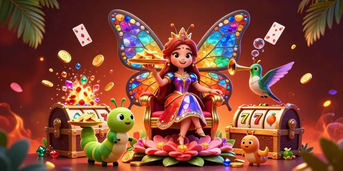Experience thrilling gaming with LC88's vibrant illustration featuring a butterfly queen and casino elements.