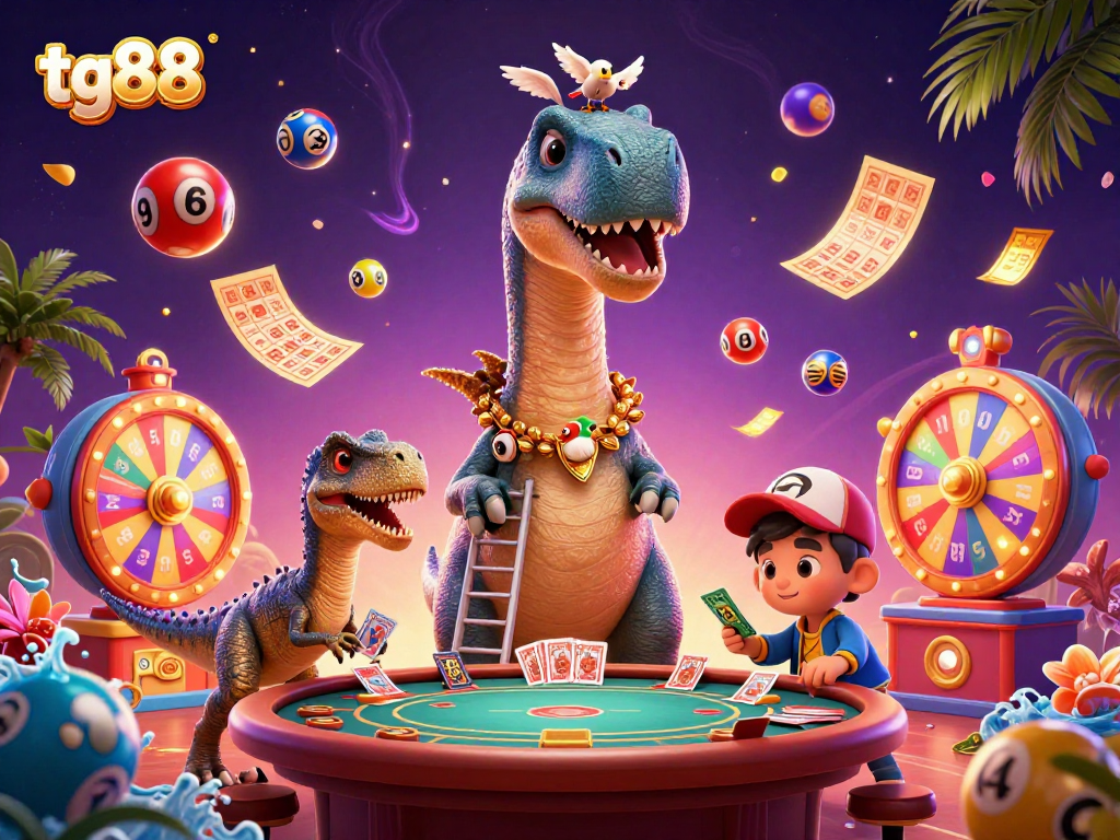Engage in the thrilling world of tg88 as a giant brontosaurus watches a clever raptor deal cards.
