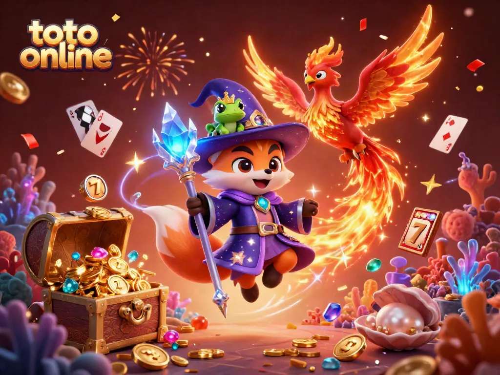 Sparkling illustration depicting a mystical wizard fox and phoenix in a vibrant casino scene playing toto online